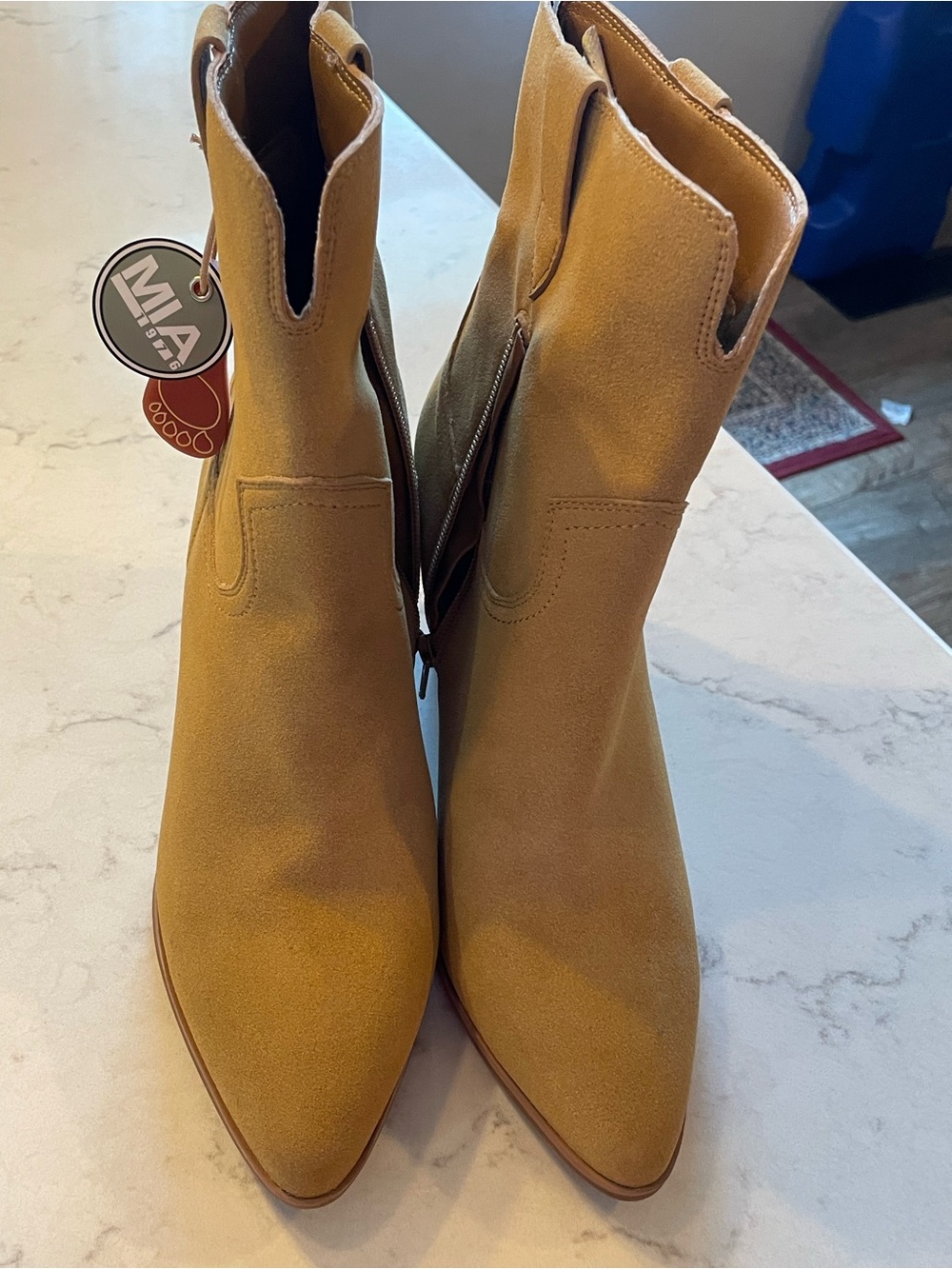 MIA Mustard Suede Pointed-Toe Ankle Booties